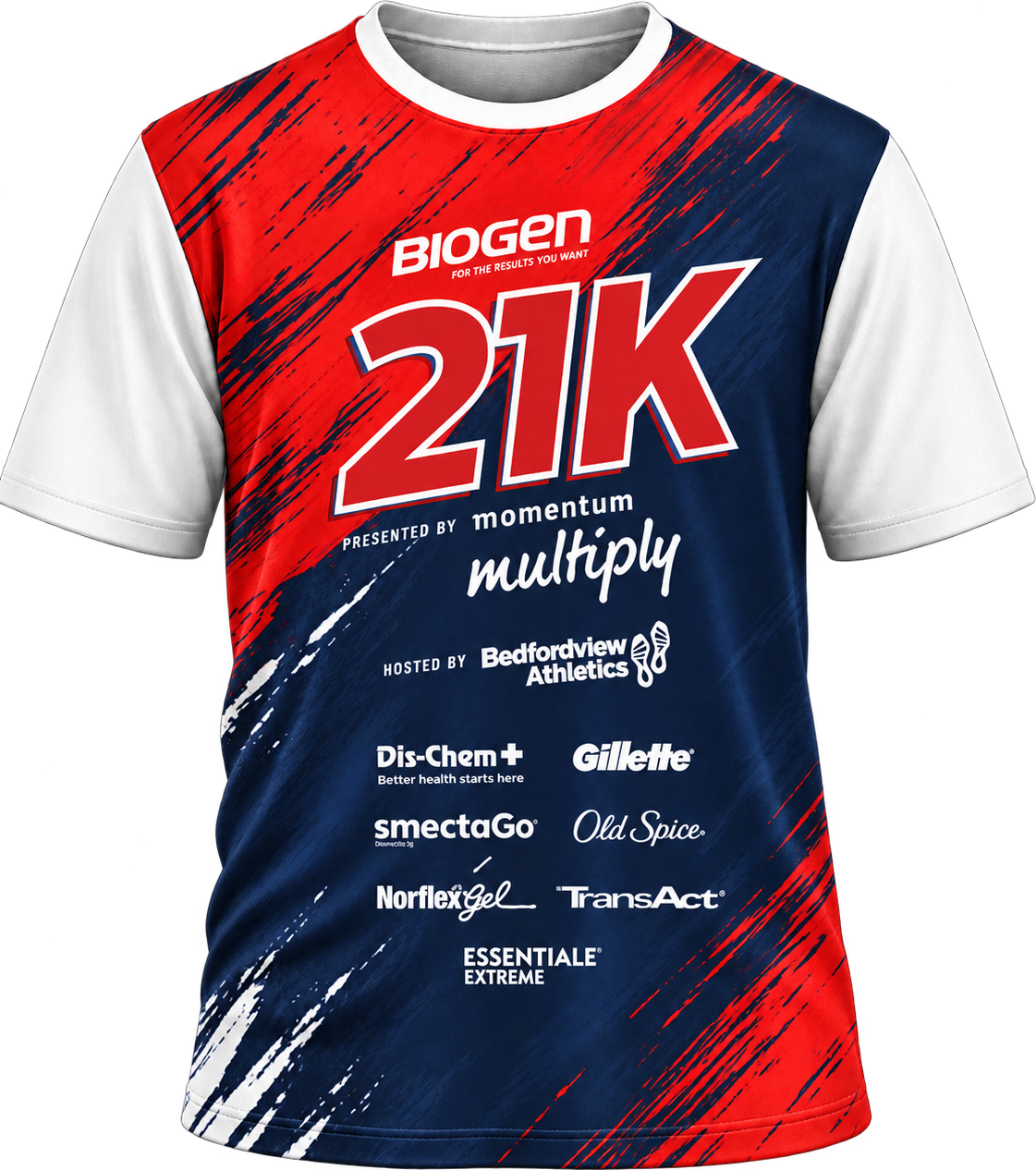 The 2027 Biogen 21K race shirt: red and navy brush strokes with white sleeves, a large red 21K and the sponsor logos
